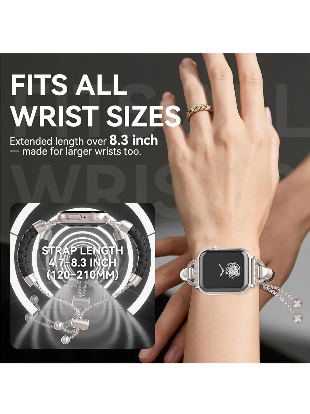 Leather and Metal Band Compatible with Apple Watch Bands for Women, Adjustable D
